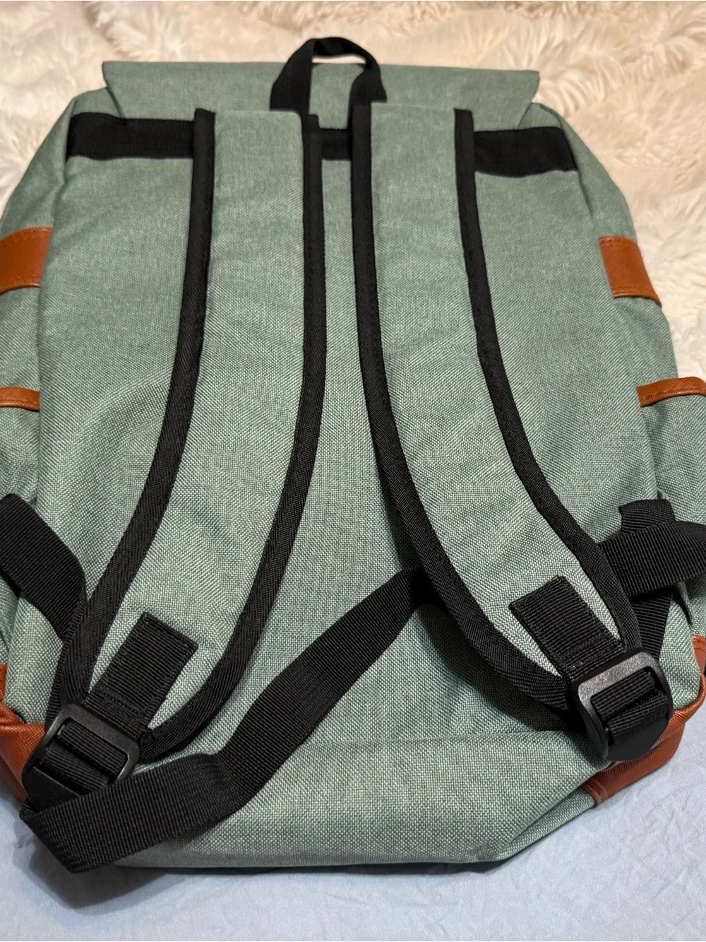 Mansion Sage Green Canvas Laptop Backpack with Brown Leather Trim